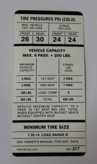 Tire Pressure Decal 1971-74 E-Body Slant 6/318