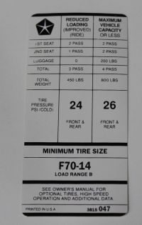 Tire Pressure Decal 1973-75 Demon/Dart Sport