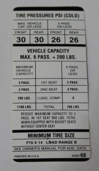 Tire Pressure Decal 1970 B-Body 383/440/426