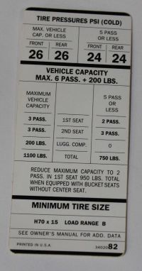 Tire Pressure Decal 1970-71 Dodge C-Body