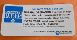 Air Cleaner Service Instruction Decal 1971 Standard Air Cleaner non Ram Air