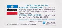 Air Cleaner Service Instruction decal 1971-74