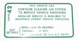 Emission Decal 1968 318 MT 340 AT 1969 440 Six Pack AT 1968-69 383-4 AT 440-4 AT