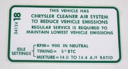 Emission Decal 1969 440 Six Pack W/AT 1970 340-4 440-6 before 3-10-70