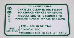 Emission Decal 1969 426 Hemi Chrysler # 2946585