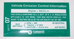Emission Decal 1970 340 Manual Transmission