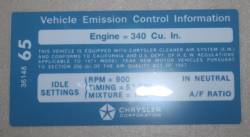 Emission Decal 1970-71 340 W/CA Emissions Chrysler #3614865