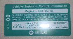Emission Decal 1970 383-4 M/T After 3-10-70 Chrysler #3577708