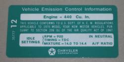 Emission Decal 1970 440-4 A/T After 3-10-70 Chrysler #3577712