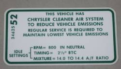 Emission Decal 1970 440-4 A/T Before 3-10-70 Chrysler #3462552