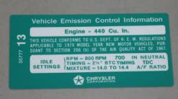 Emission Decal 1970 440-4 A/T After 3-10-70 Chrysler #3577713