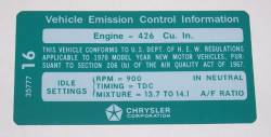 Emission Decal 1970 426 Hemi 4 Speed After 3-10-70