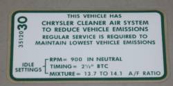 Emission Decal 1970 426 A/T Before 3-10-70 Chrysler #3512030