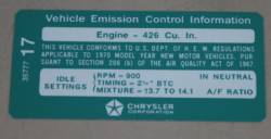 Emission Decal 1970 426 A/T After 3-10-70 Chrysler #3577717