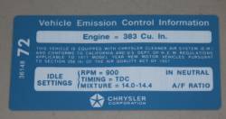 Emission Decal 1971 383-4 M/T Chrysler #3614872