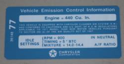 Emission Decal 1971 440-6 Chrysler #3614877