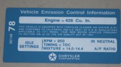 Emission Decal 1971 426 M/T Chrysler #3614878