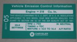 Emission Decal 1970 318 M/T After 3-10-70 Chrysler # 3577705
