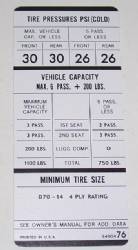 Tire Pressure Decal 1969 A-Body 340 D70x14 Tires