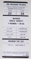 Tire Pressure Decal 1970 E- Body 340/383/440-4 W/O AC