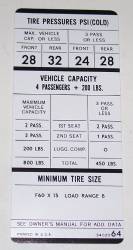 Tire Pressure Decal 1970 E-Body 426 Hemi