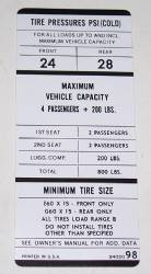 Tire Pressure Decal 1970 AAR Cuda Challenger T/A