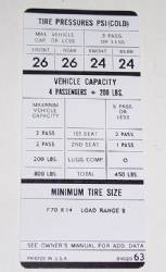 Tire Pressure Decal 1970 E-Body 440 W/AC